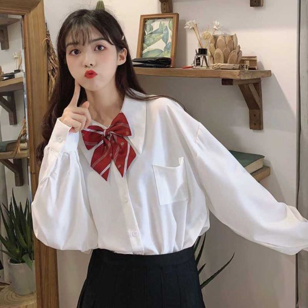 

women's blouses & shirts missme white long sleeve shirt cute bow tie laple collar blouse women school casual korean fashion plus size