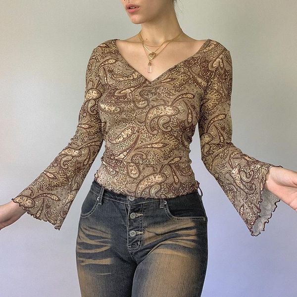 

women's t-shirt cashew print long-sleeved 2021 retro brown short bottoming trumpet sleeve v-neck casual top, White