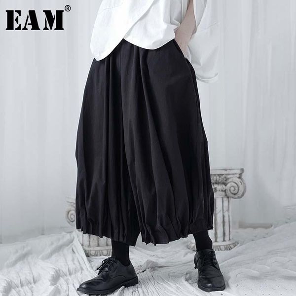 

women's pants & capris [eam] high elastic waist black pleated long wide leg trousers loose fit women fashion tide spring autumn 2021 1w, Black;white