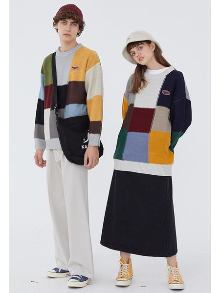 

fashion color block patchwork knitted sweaters streetwear men women hip hop casual harajuku pullover knitwear outwear male, White;black