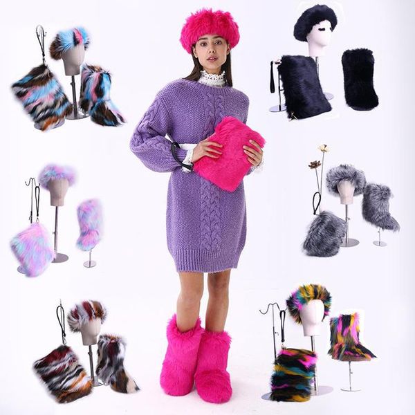 

boots 2021winter girl's fashion faux fur snow ladies fluffy shoes plush women turban and handbag sets plus size 34-44, Black