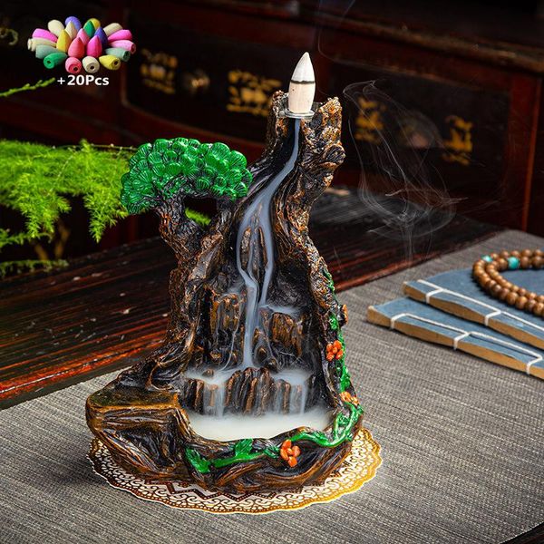 

fragrance lamps +20pcs incense cones handmade resin burner rockery mountain water tree house landscape waterfall backflow holder