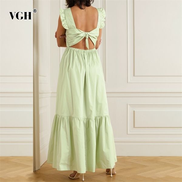 

green elegant lace up dress for women v neck sleeveless high waist patchwork ruffle slim midi dresses female summer 210531, Black;gray