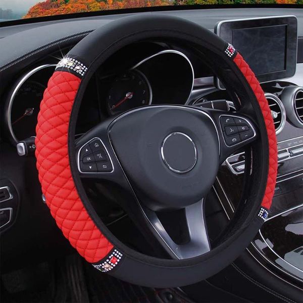 

steering wheel covers black red cover car diamond elastic leather parts universal