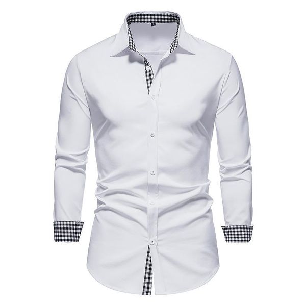 

men's casual shirts fashion lattice splicing shirt men long sleeve slim fit button-down formal dress clothes, White;black