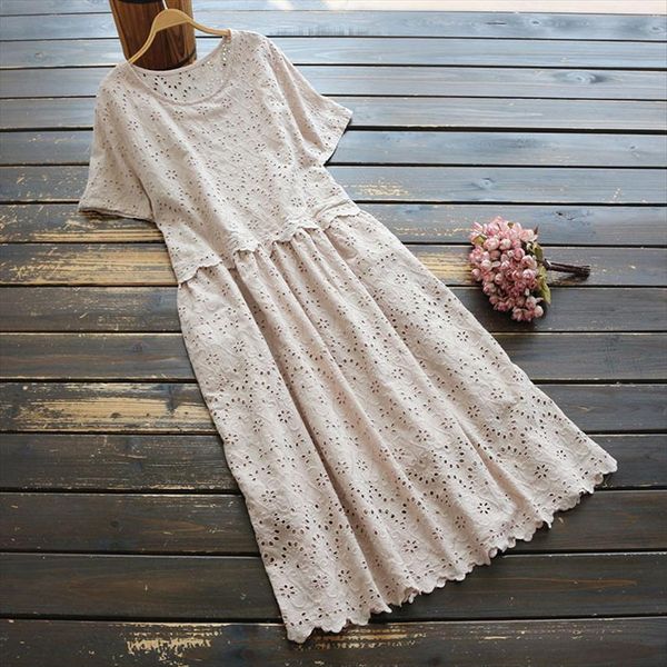 

7985 summer artistic all women dress match hollow cotton embroidered short sleeved round neck, Black;gray
