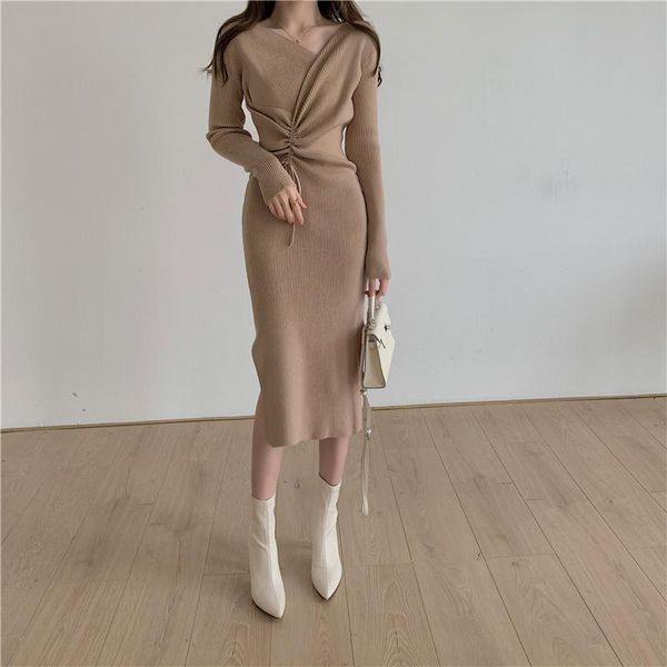 

2021 autumn winter one piece mid-length dress women korean long sleeve slim woman office knitted sweater dress drawstring, Black;gray