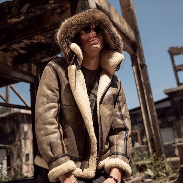 

men's leather & faux men natural fur shearling biker jacket genuine hooded coat winter warm real bomber military casual oversize 6xl, Black