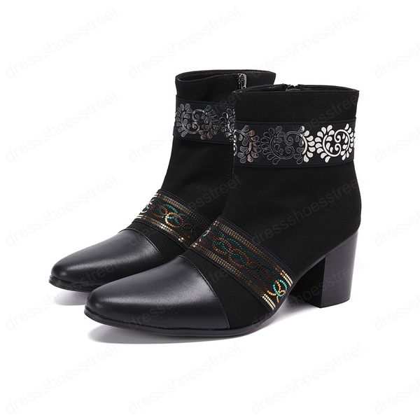 Taglie forti Punta a punta Uomo Stivali in pelle scamosciata nera Stampa Paillettes Uomo 7 cm Tacchi alti Stivaletti Festa di nozze Botas De Hombre