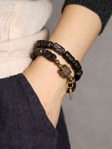 

flower ebony bead bracelet double layer men's personality handmade texture rough mine cool fashion jewelry niche design, Golden;silver