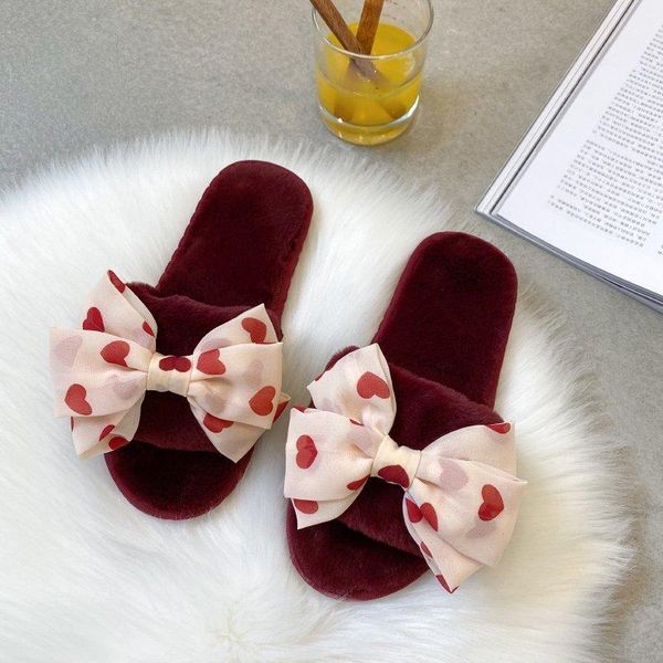 

slippers cute women bowknot fall furry shoes lady pink felt flat home family indoor fur soft daily comfy slip on slides, Black