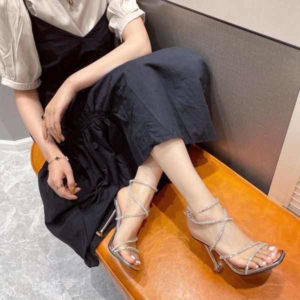 

sandals fashion transparent film rhinestone high-heeled one word buckle fine-heeled women's shoes 42 size 2021 summer, Black