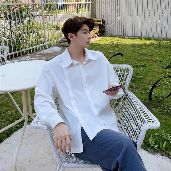 

men's casual shirts black/white shirt fashion double-breasted men korean loose oversize long-sleeved mens dress, White;black