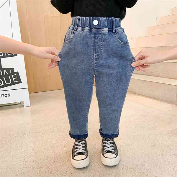 

winter boys and girls soft elastic fleece lining warm jeans children fashion all-match denim pants 210708, Blue