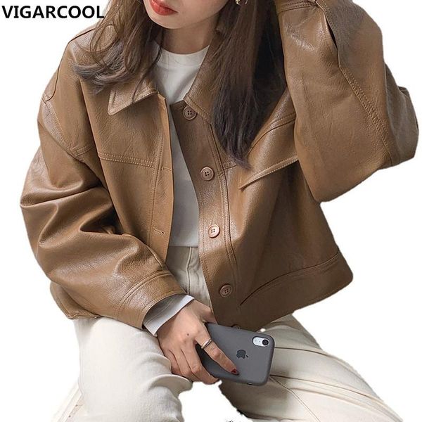 

women's jackets 2021 autumn handsome lapel loose casual pu leather jacket women personality motorcycle clothing short female, Black;brown