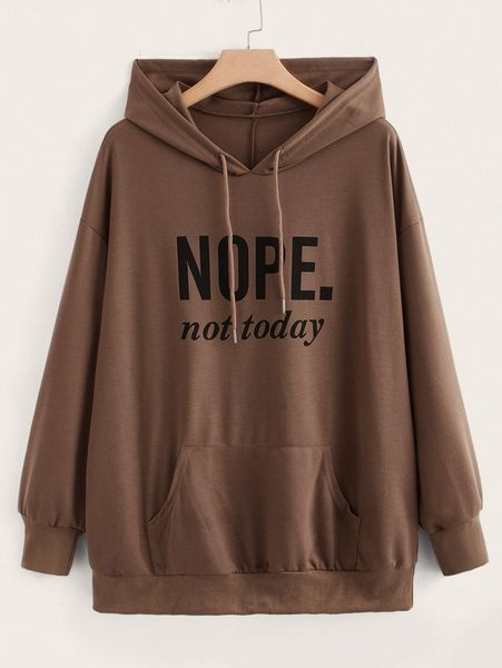 

plus slogan graphic kangaroo pocket drop shoulder drawstring hoodie a0hi#, Black