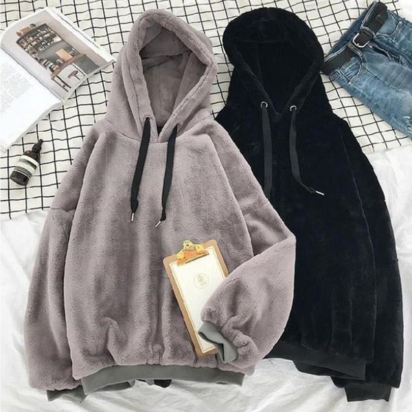 

women's hoodies & sweatshirts sweetkamawinter coats soild sweet hooded sweatshirt women harajuku loose casual warm ladies fleece flanne, Black