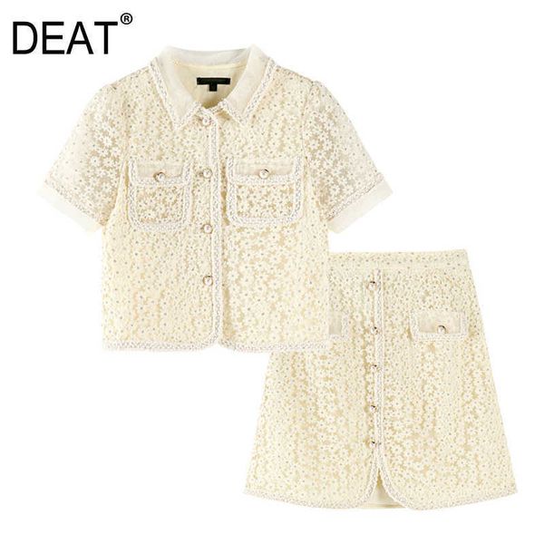 

[deat] summer fashion single-breasted turn-down collar embroidery shirt lace skirts women two-piece suit 13c834 210527, White