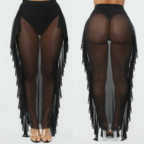 

women's swimwear transparent trousers ladies bikini summer beach sarong skirt chiffon mesh folds perspective pants cover, White;black