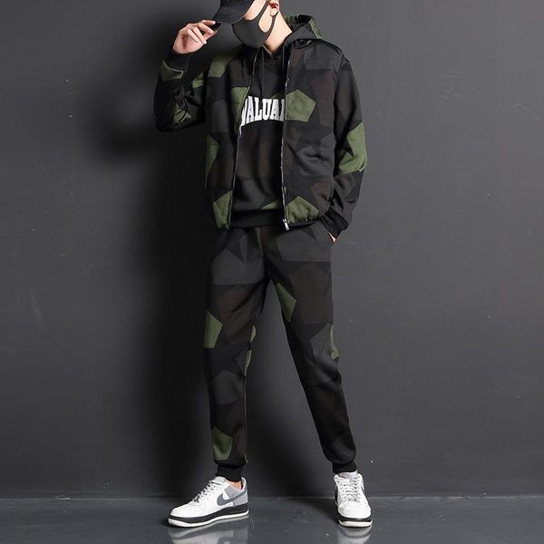 

camouflage sports suits men's long-sleeved sweatshirt hoodie sweatpants suit men's comprehensive training 3 pieces set, White;black