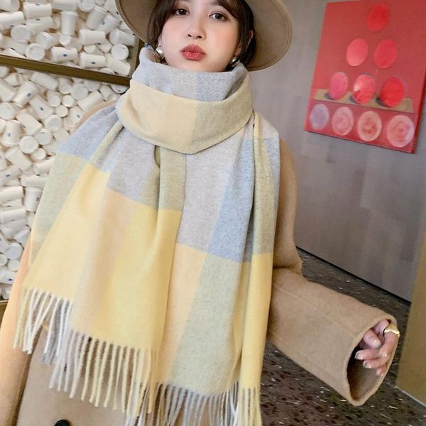 

scarves korean cashmere bib women's colorful large lattice fringed shawl autumn and winter thickened warm wool scarf, Blue;gray