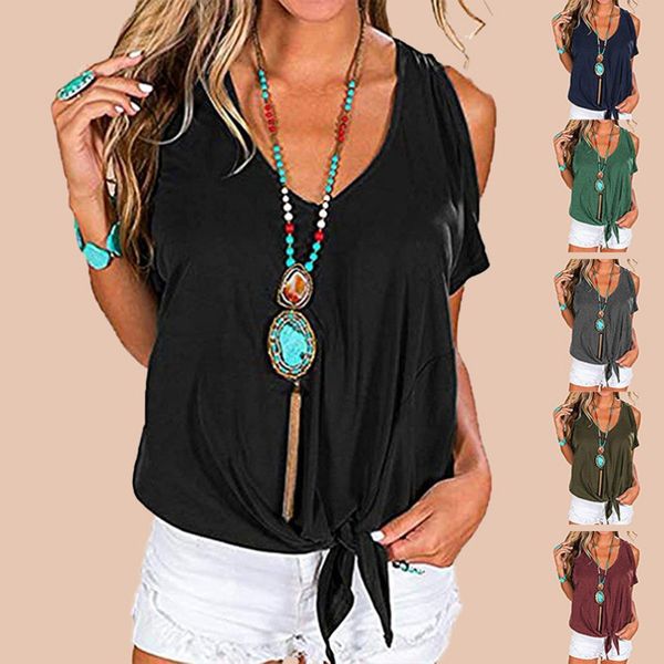 

new women's solid color loose v-neck off shoulder short sleeve t-shirt, White