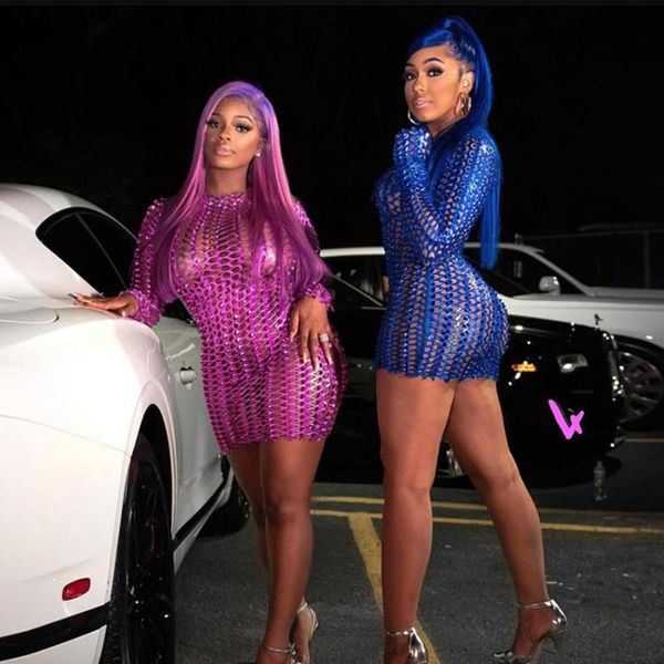 

casual dresses ep fashion weave cross hollow shining see-through mini backless ruched club long sleeve mesh dress summer 2021, Black;gray