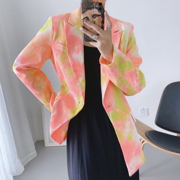 

ewq] 2021 spring female loose turn-down collar long-sleeved blazer coat single button loose print minimalist suit 8q664, White;black