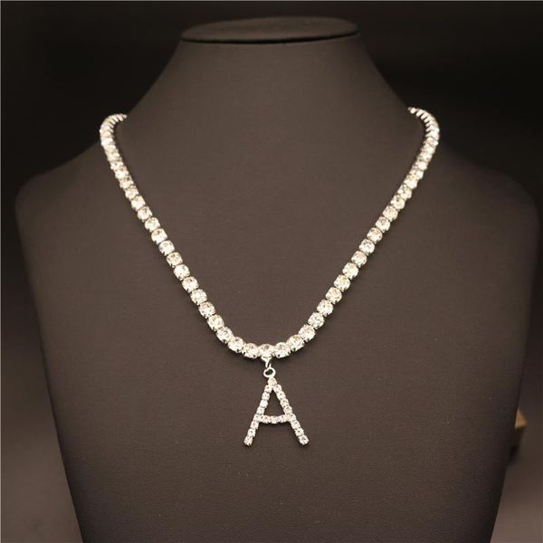 

chokers iced out 26 letter initial necklace silver tennis chain choker women bling crystal alphabet wholesale statement jewelry, Golden;silver