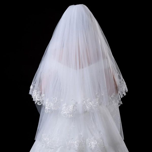 

bridal veils lan ting bride two-tier modern style princess simple wedding veil elbow 53 fringe splicing lace tulle, Black