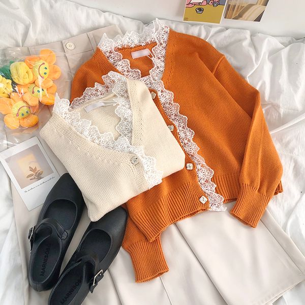

2021 new mooirue spring kawaii women orange knitted lace stitching v-neck square button slim short knitting sweater coat fjr7, White;black