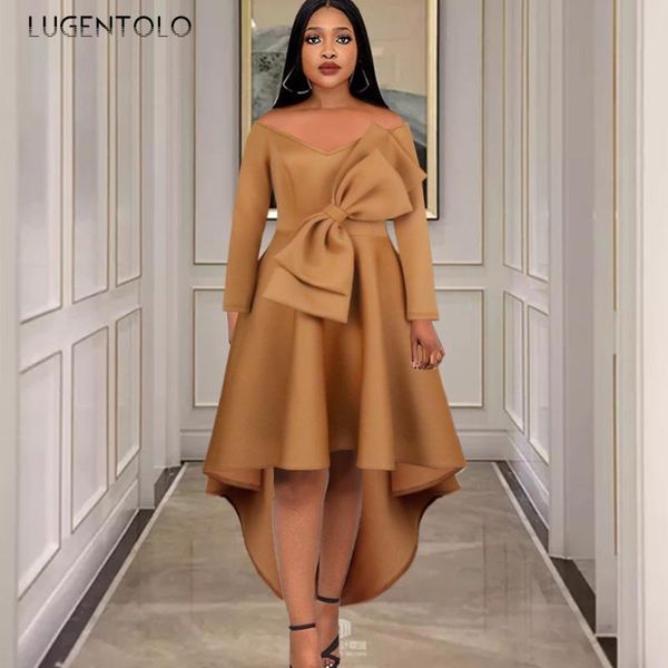 

casual dresses dress women long sleeve bow ruffle v-neck slim female empire big swing solid midi lugentolo, Black;gray