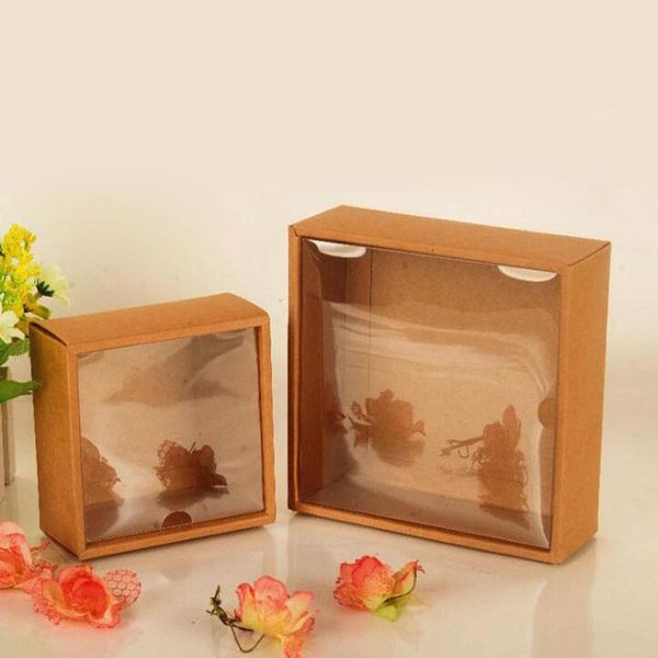 

gift wrap 100pcs kraft cardboard box packaging with lid paper jewelry packing case clear pvc window