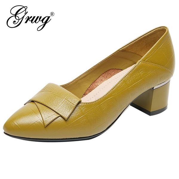 

dress shoes grwg brand thick heel ladies pumps genuine leather pointed toe colorful square heels party handmade large size women, Black
