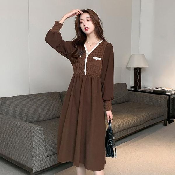 

women 2021 autumn winter fashion retro v-neck dress female patchwork a-line dresses ladies new buttons loose vestidos v681, Black;gray