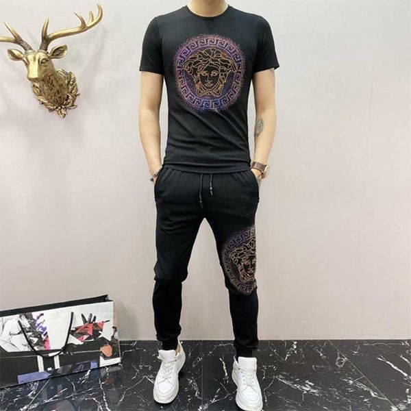 

w0799a2 men's new gradual change portrait drill short sleeve t-shirt suit, Gray