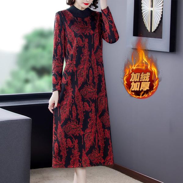 

casual dresses lukaxsikax 2021 winter women thicken fleece warm base dress retro flowers print elegant slim long, Black;gray
