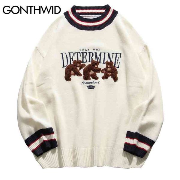 

gonthwid bear patchwork striped knitted jumpers sweaters streetwear hip hop harajuku casual pullover knitwear mens fashion 210818, White;black