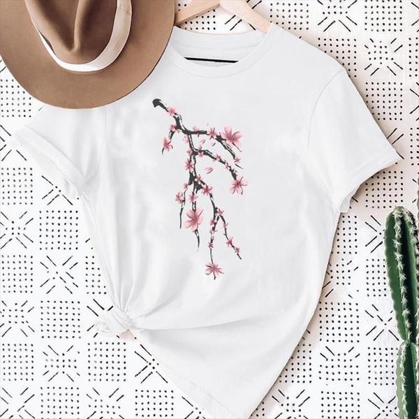 

flower floral 90s painting womens art fashion print graphic summer short sleeve female clothes tees t shirt, White