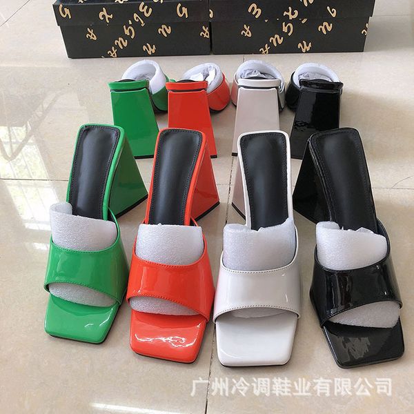 

women's high heels summer net red sandals triangular thick heels solid color square head sandals for women, Black