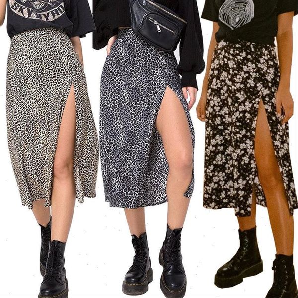 

women summer split leopard skirts 2021 green fashion long skirt women streetwear loose lady clothes black mid calf skirts