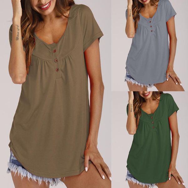 

women's t-shirt pleated shirt women button breasted plus size 5xl irregular curved hem street shirred deep v neck t solid color, White