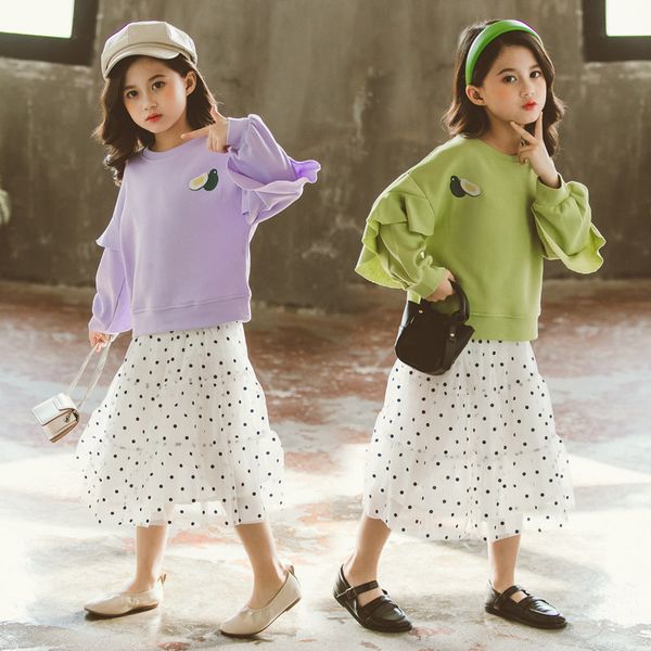 

2021 new children children's clothes frilly upper-sleeve dot skirt casual 2 put outfits suit on girls set 6 8 12y elv2, White