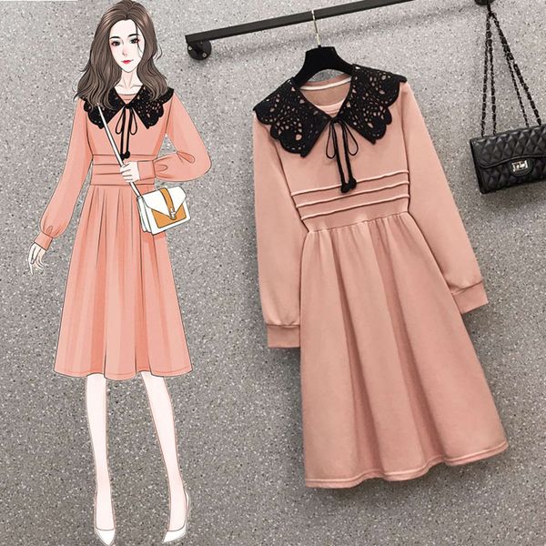 

2021 spring new large women's fat sister french hepburn fashion show thin age reduction baby collar dress, Black;gray