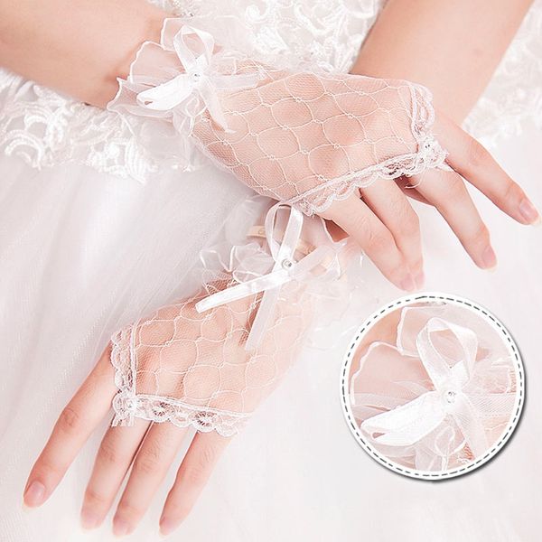 

bridal lace net yarn bowknot gloves without fingers wedding accessories, White