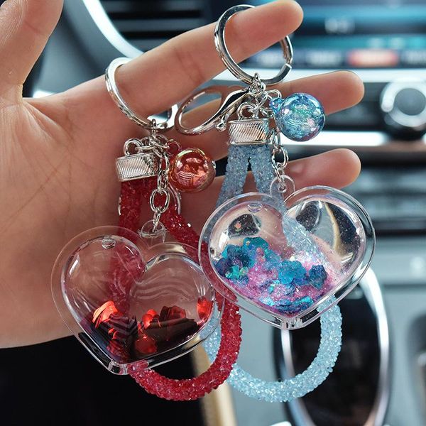 

keychains floating liquid sequins heart love shape keychain glitter quicksand keyring car bag trinket pendant for women gift key fob, Silver