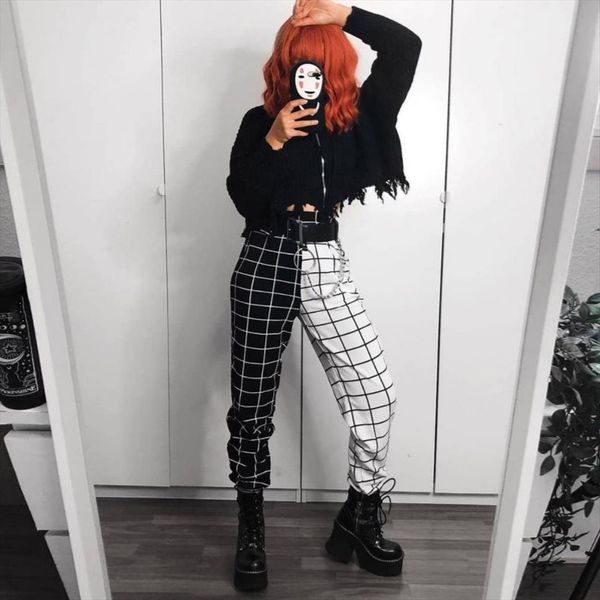 

white black squares joggers women capri checkered trousers moda mujer spring high waist casual straight pants sweatpants, Black;white