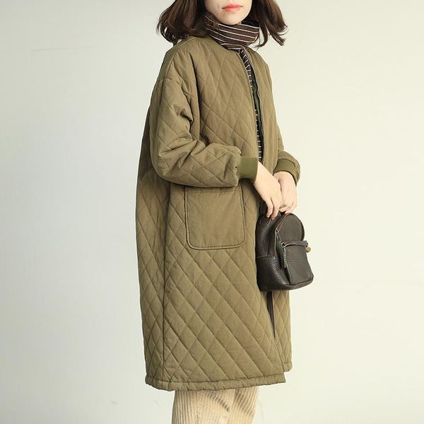 

women's trench coats tongkou 2021 winter loose long quilted coat large size thick plaid baseball collar cotton suit, Tan;black
