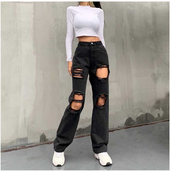 

spring autumn women's jeans street style high waist wide-leg new fashion design hole female casual loose simple straight pants, Blue