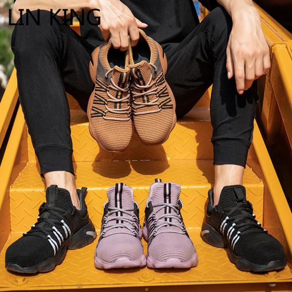 

boots lin king men women safety shoes sneakers breathable knit lightweight outside work non slip casual lace up, Black